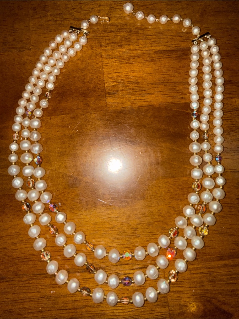 Vintage 3-Strand Pearl Necklace with Faceted Crystals and Gold Accents